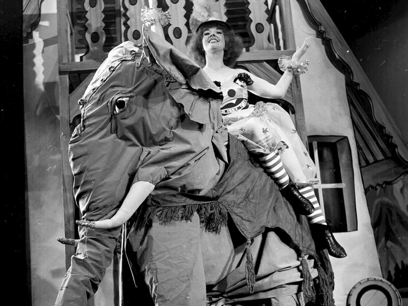Una McLean riding an elephant during King's Theatre panto 'Goldilocks and the Three Bears' in December 1957.