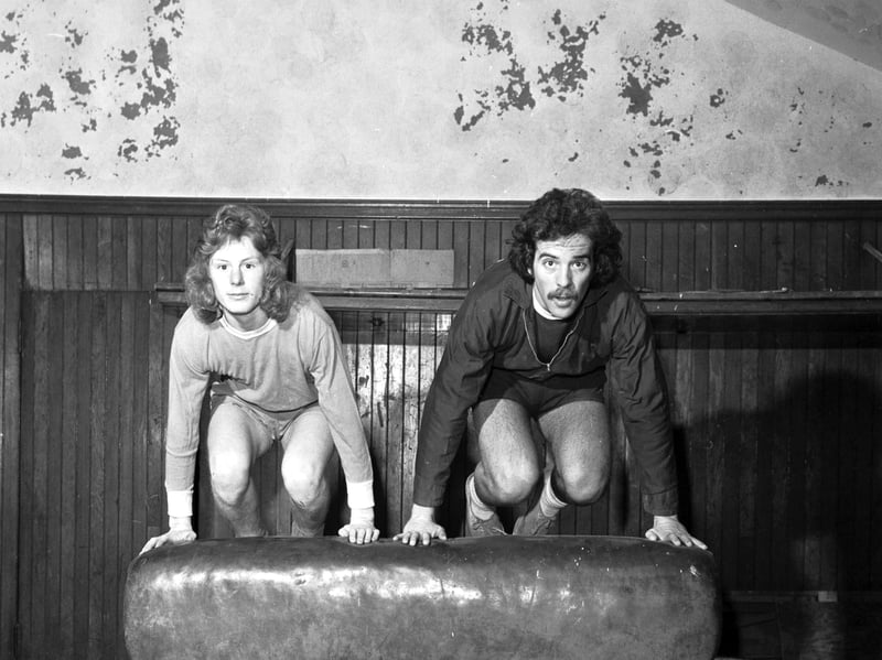New Hearts signings Gordon Smith and (right) Graham Shaw vault the horse at a training session in January 1976