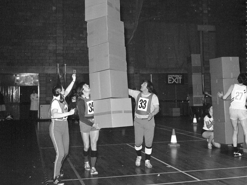 Sportsmen and women take part in the It's a Knockout trials at Edinburgh's Meadowbank Stadium, held to choose a team for the BBC TV programme, in June 1976