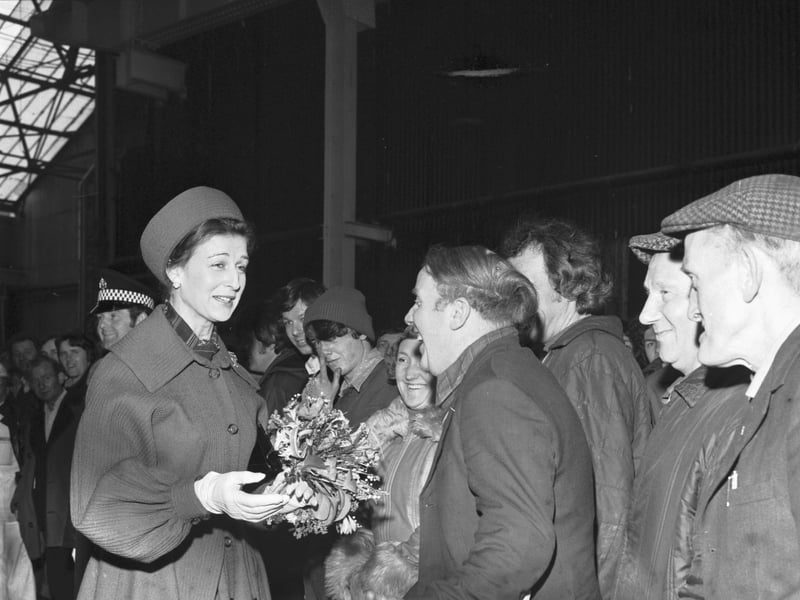 Princess Alexandra shares a joke with one of the workers at the Scotstoun yard at Yarrow's shipbuilders, during her visit to launch the frigate Broadsword in May 1976
