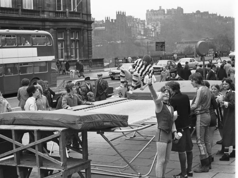 Students trampolining on Princes Street in April 1976 for the Edinburgh Students Charities appeal