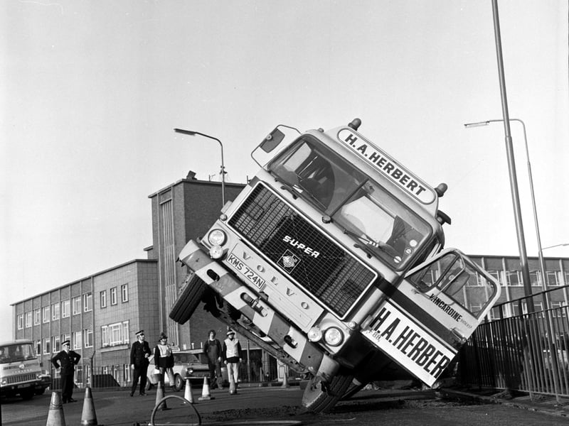 An H A Herbert lorry is pictured in January 1976, after it crashed onto the railings at Crewe Toll in Edinburgh
