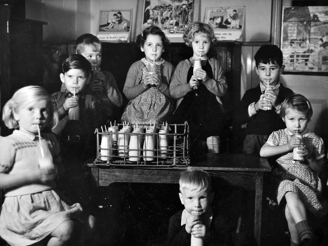 Children drinking milk at a Wellington primary school. This picture was shared by Margaret Wood, whose brother John Brown is third from the left. He was born in August 1950, so the picture dates around the mid to late 1950s.