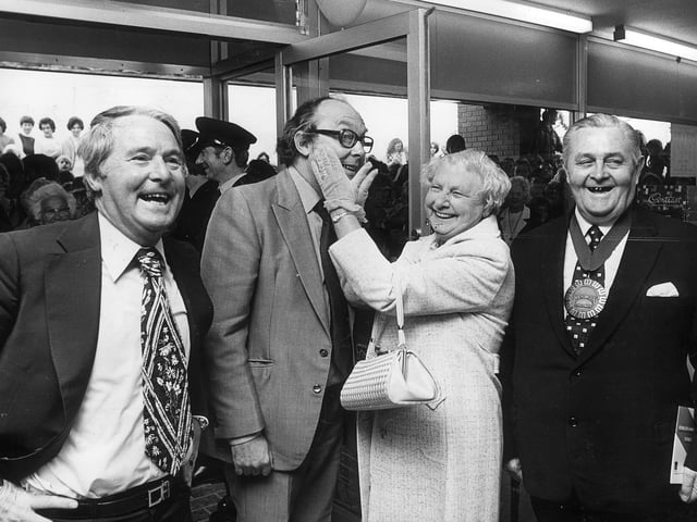 This picture was carried on the front page of the Shropshire Star of July 21, 1978, with the caption: 'A cheeky greeting for Morecambe and Wise from Mrs Flo Gittens, wife of Councillor Joe Gittens, chairman of Wrekin District Council.' Joe Gittens is on the right. The accompanying story began: 'Hundreds of Telford shoppers queued for up to two hours today to see Eric Morecambe and Ernie Wise open the new 7-Eleven store at Randlay Centre. First through the door was Mrs Helen Pinfield of Randlay, who had been waiting since 8.30am to see her favourite comedians. And Eric and Ernie did not disappoint her. The two comedians were at their very best as Eric apologised for cutting the buttons off Mrs Pinfield's coat instead of the red tape. Then the shoppers crowded their way into the store as Eric and Ern signed copies of two of their books.'