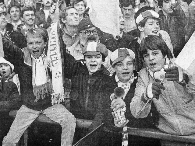 Some of the Telford United fans at Goodison Park on Saturday, February 16, 1985, to watch Telford United play a historic FA Cup Fifth Round match against Everton. Telford lost 3-0.