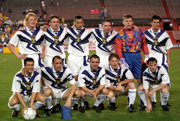 One of those Scotland jerseys that is so well remembered due to its brave and bright design, it can still be purchased in shops across the country as a retro jersey. Best remembered for being worn when John Collins ran the length of the pitch against San Marino, before rounding the goalkeeper and scoring. An Umbro classic.