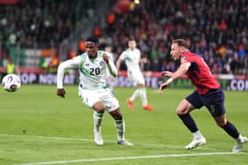 Republic of Ireland's Chiedozie Ogbene (left) and Czechia's Vladimir Coufal battle for the ball during the 2026 FIFA World Cup European Play-off Semi-final match at the Fortuna Arena, Prague, Czechia.  Adam Davy/PA Wire.
