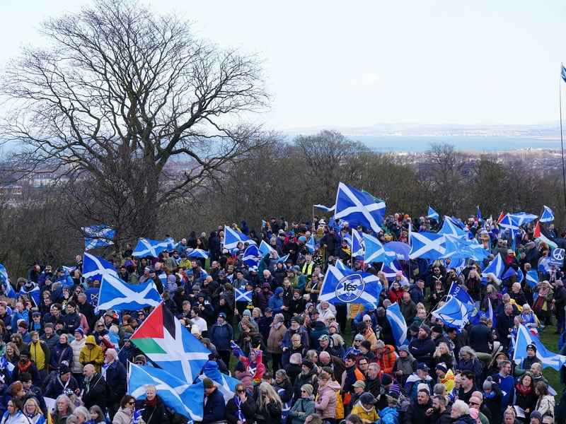 Marchers arrive at Calton Hill for the rally addressed by Brian Cox and John Swinney among others