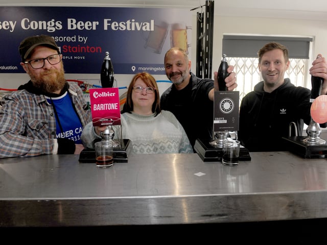 Festival bar staff Martin ,Rosie and Craig Shippin and Phil Walker keep the revellers supplied - responsibly. 