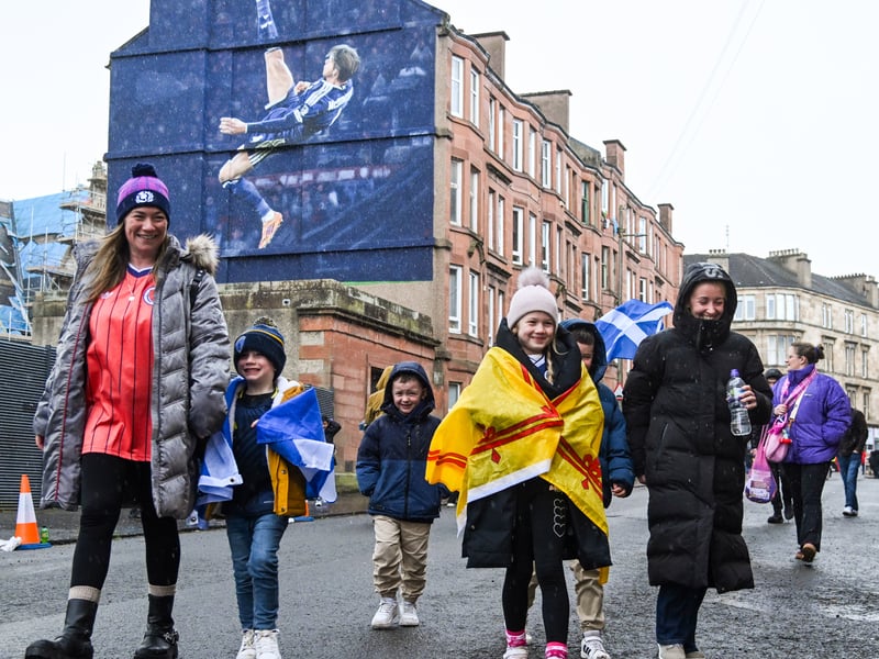 Scotland fans arrive at the ground ahead of the game vs Japan.