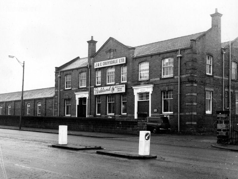 Premises of J. & C. Croysdale Ltd. of Stanningley Road showing office and works entrances in a well appointed building. To the left is a single storey long building attached to the works end of the main building. Pictured in November 1968.