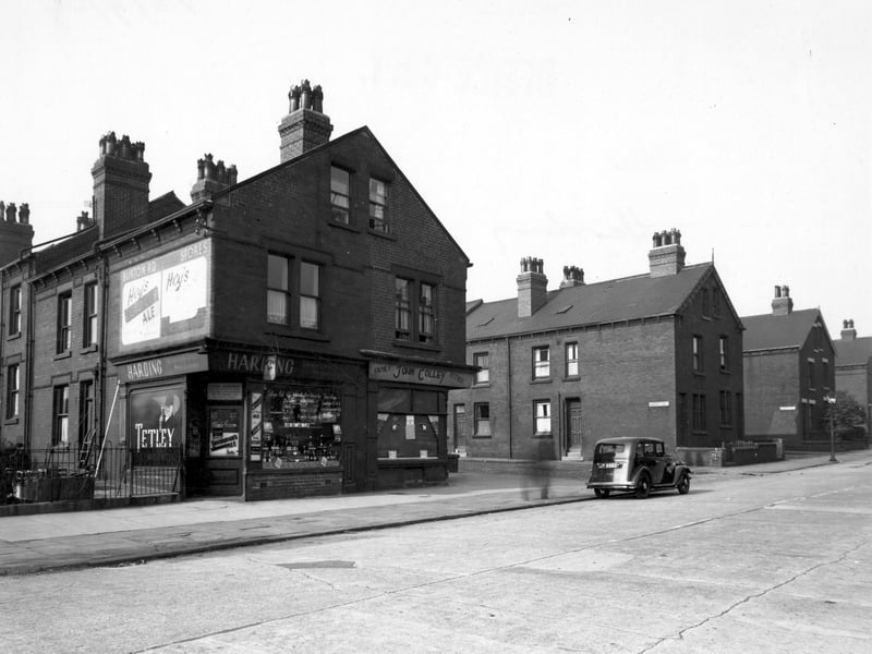 The south west side of Burton Road, number 28 to 30, between Garnet Terrace and Garnet Road. Number 28 belongs to 'John Colley, family butcher' and number 30 is 'Harding, groceries and provisions'. There are several advertisements in the windows and on the side wall of number 30, including ones for Tetley, Hey's Gold Cut Ale and Cowerbugh's Ale. Pictured in September 1949.
