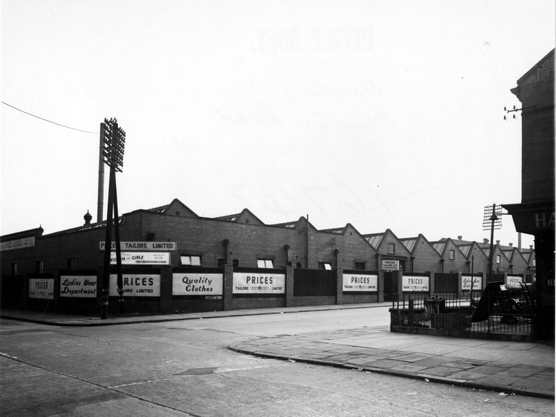 Looking south from Burton Road in September 1949 at the junction with Garnet Road, where Prices Tailors Ltd factory can be seen. On the nearer corner is L. Harding's grocery shop.