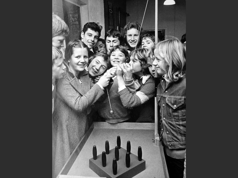 Ludlow Youth Club, October 1975. The caption reads: 'Susan Adams (16), of Hamlet Road, Ludlow, looks all set to show the boys a thing or two about table skittles at the new youth club at Galdeford, Ludlow.'