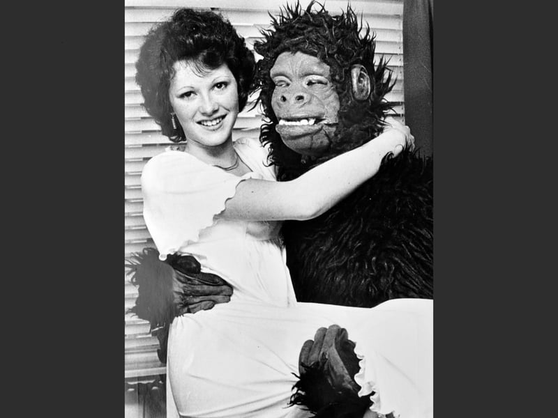 The original caption reads: 'Beauty queen Helen Butler seems happy enough in the arms of her fiercesome friend. The monkey business was all in a good cause - to publicise Shrewsbury's jubilee celebrations. Helen (16), of Conway Drive, Shrewsbury, will ride in style as Shrewsbury carnival queen on Tuesday in a Rolls-Royce Silver Shadow...' Unfortunately the rest of the caption is missing. June 2, 1977.