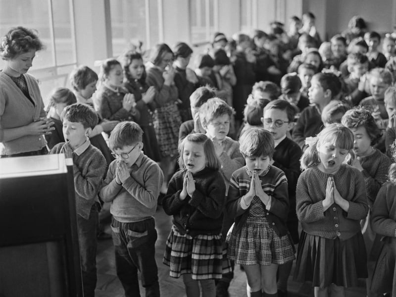 The school assembly which was part of every day life. Who remembers being called up to read out loud to the audience?
Photo by Evening Standard/Hulton Archive/Getty Images.