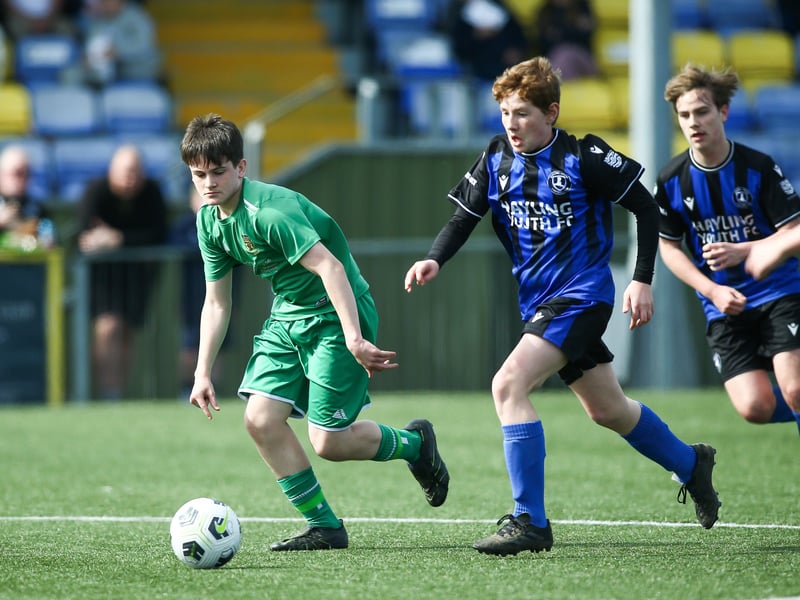 Action from the Portsmouth Youth League under-15 Campbell McFaull Invitation Cup Final between Cowplain Youth Spitfires and Hayling Youth Blues