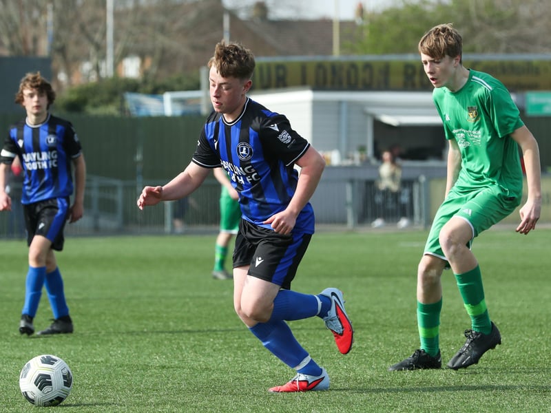Action from the Portsmouth Youth League under-15 Campbell McFaull Invitation Cup Final between Cowplain Youth Spitfires and Hayling Youth Blues 

