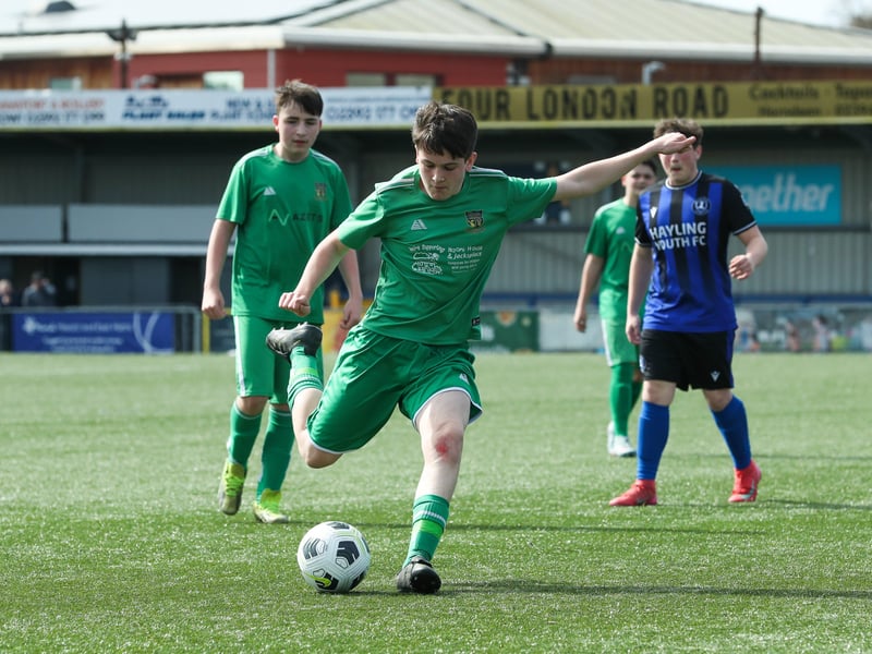 Action from the Portsmouth Youth League under-15 Campbell McFaull Inviration Cup Final between Cowplain Youth Spitfires and Hayling Youth Blues 