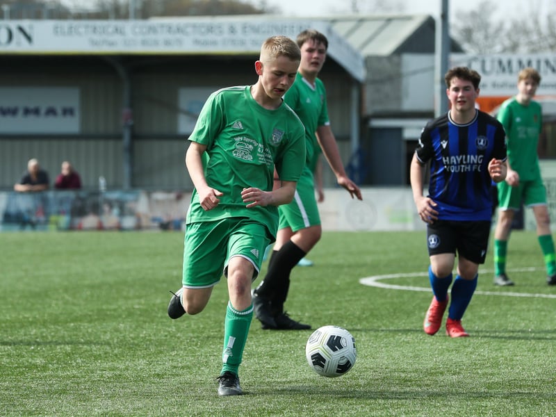 Action from the Portsmouth Youth League under-15 Campbell McFaull Invitation Cup Final between Cowplain Youth Spitfires and Hayling Youth Blues 
