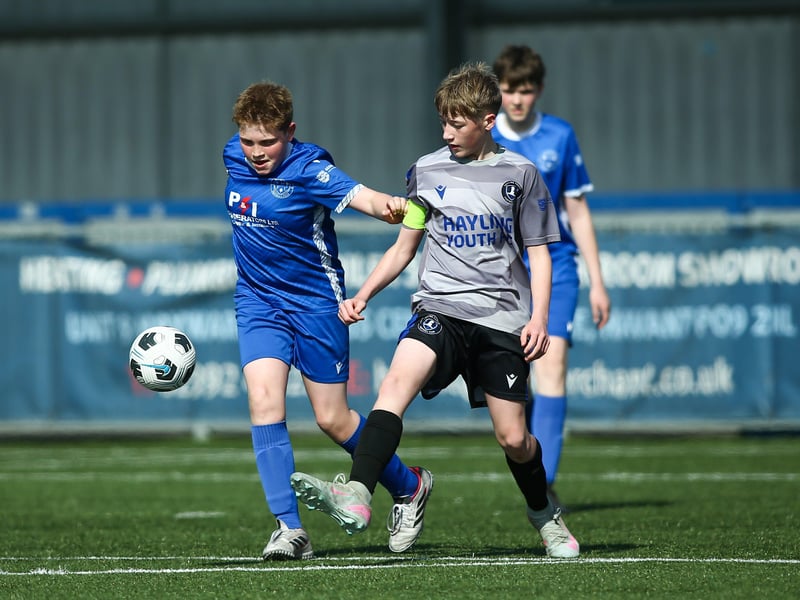 Action from Denmead Youth Cougars v Hayling Youth Blues in the Portsmouth Youth League Under-13 Geldard Invitation Cup Final 