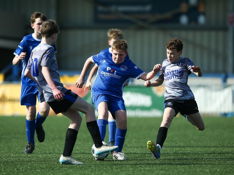 Action from Denmead Youth Cougars v Hayling Youth Blues in the Portsmouth Youth League Under-13 Geldard Invitation Cup Final
