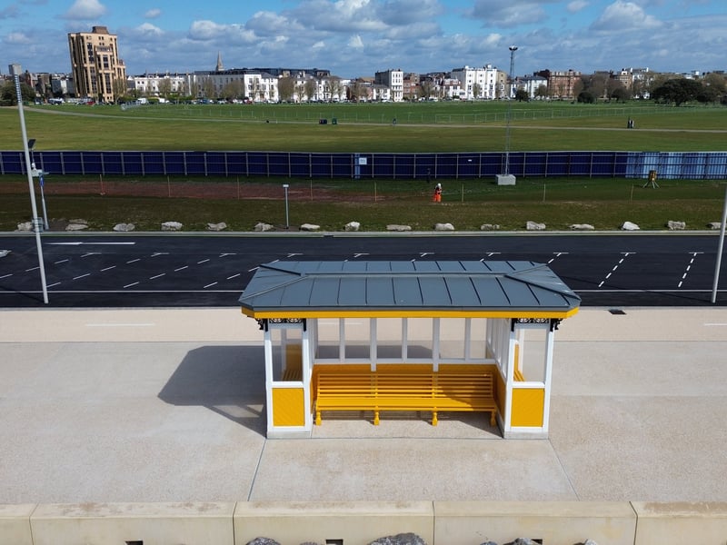 The iconic yellow shelters have returned to Southsea Esplanade on the new-look promenade