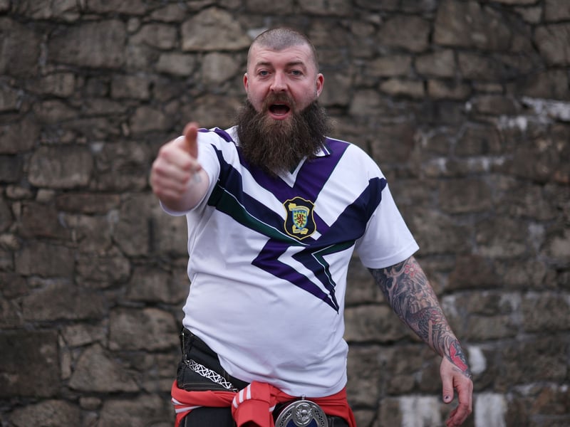 A Scotland fan is seen outside the stadium prior to an international friendly match between Scotland and Ivory Coast.