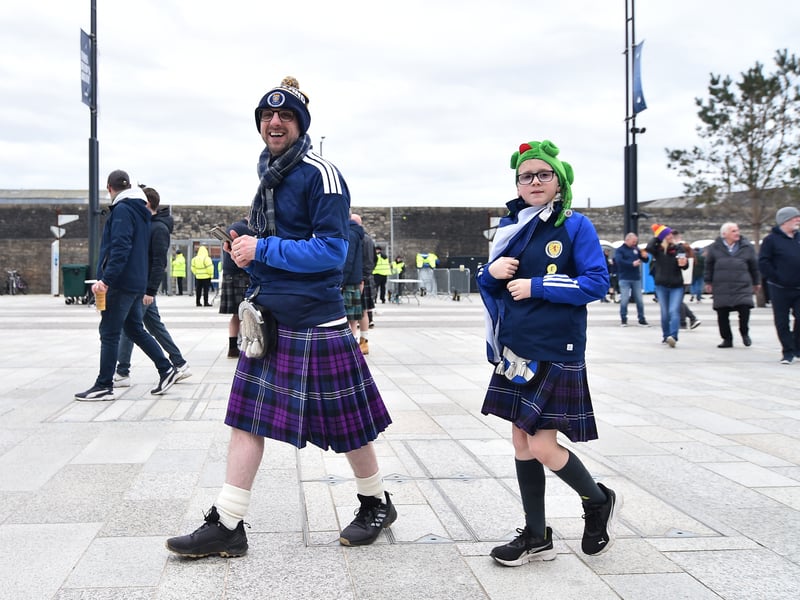 Members of the Tartan Army arrive ahead of the international friendly football match between Scotland and Ivory Coast at the Hill Dickinson Stadium.