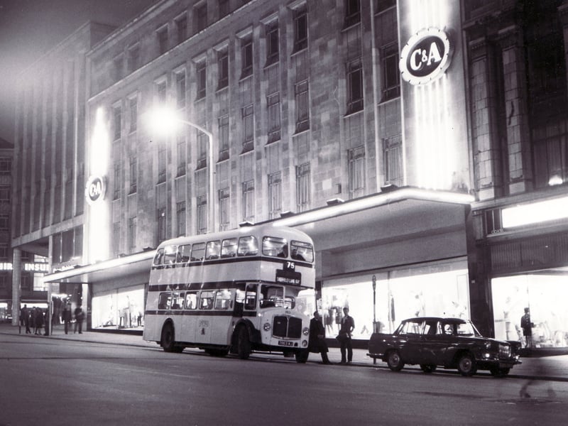 The C&A store, Sheffield, pictured after dark in 1965