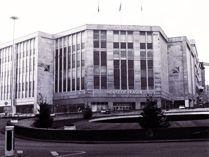 The House of Fraser department store, formerly Rackhams and Walsh's, in Sheffield in 1989, with the Hole in the Road subway in the foreground