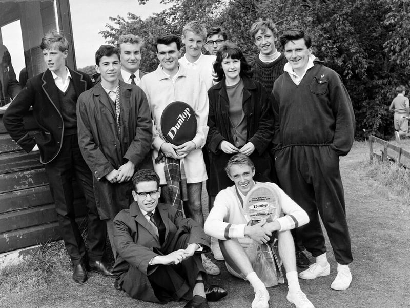 Tennis stars at the Scottish Championships at Craiglockhart in July 1965. Back Row: Graeme Notman, Ralph Skea, Mike Abbott, Norman Thompson, David Abbott, D.Scott, Kirsten Mathers, D.F. McLaren and Jim Wood. Front: Mike Sanderson and Derek Braid.