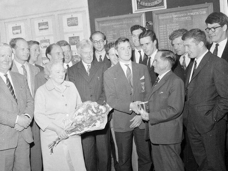 Mr Bob Watson, the head groundsman at Edinburgh University's Craiglockhart playing fields, receives a retiral presentation in July 1965.
