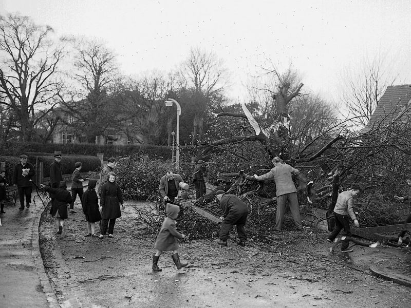 Workers cut up a tree that blocked Craiglockhart Road during storms in April 1960.