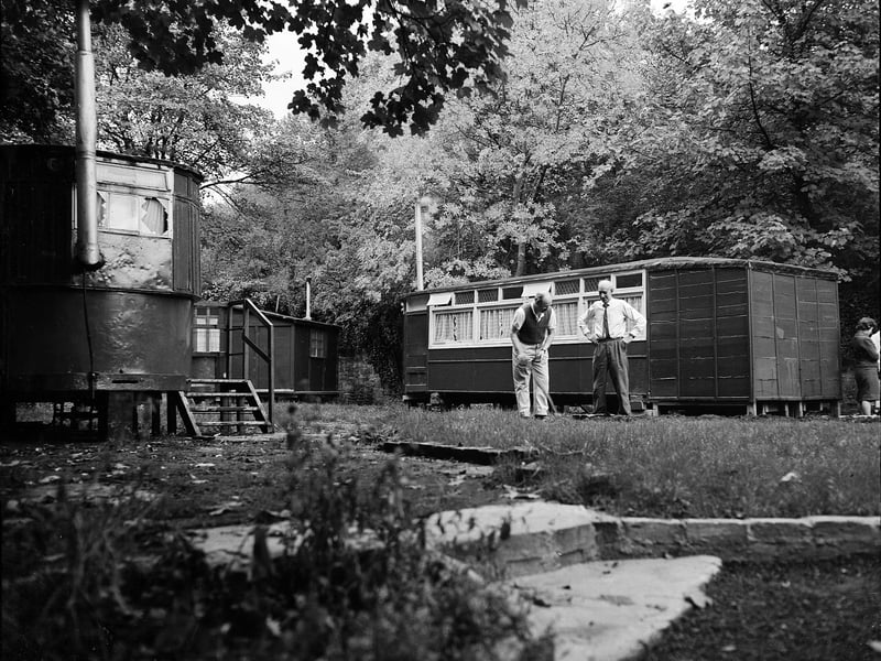 A caravan site using old railway carriages at Redhall Mill, Craiglockhart Dell, in October 1961.