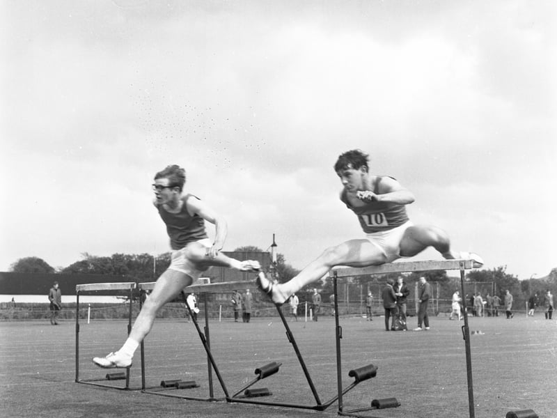 Hugh Stevenson wins the 120 yards hurdles race at the Edinburgh University Sports Day at Craiglockhart in May 1966.