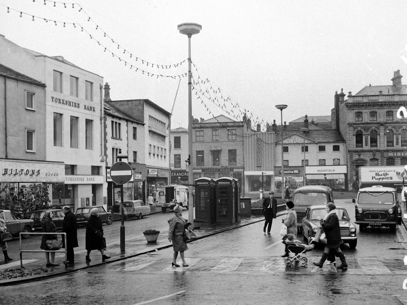 Market Place and shops in Dewsbury in January 1971