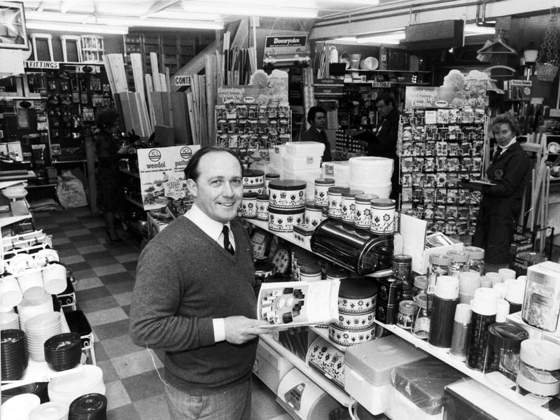 Bryan Stott at the hardware shop in Horsforth, West Yorkshire, in March 1979