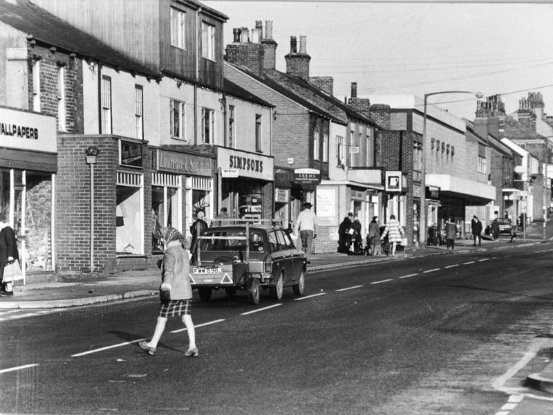 Shops on Main Street, Garforth, Leeds, in December 1983