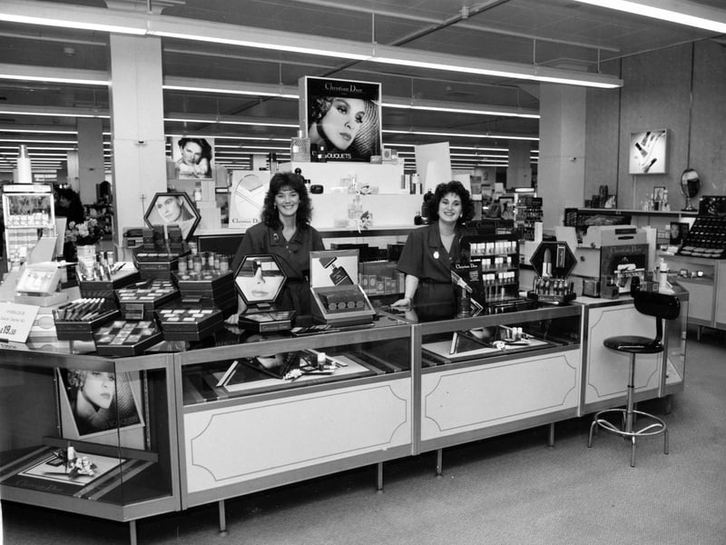 Staff in the cosmetics and perfume department of Schofields, Leeds, in May 1988