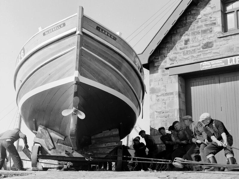 Smith and Huttons Boatbuilding Yard preparing to launch a new lobster boat at Anstruther in April 1960.