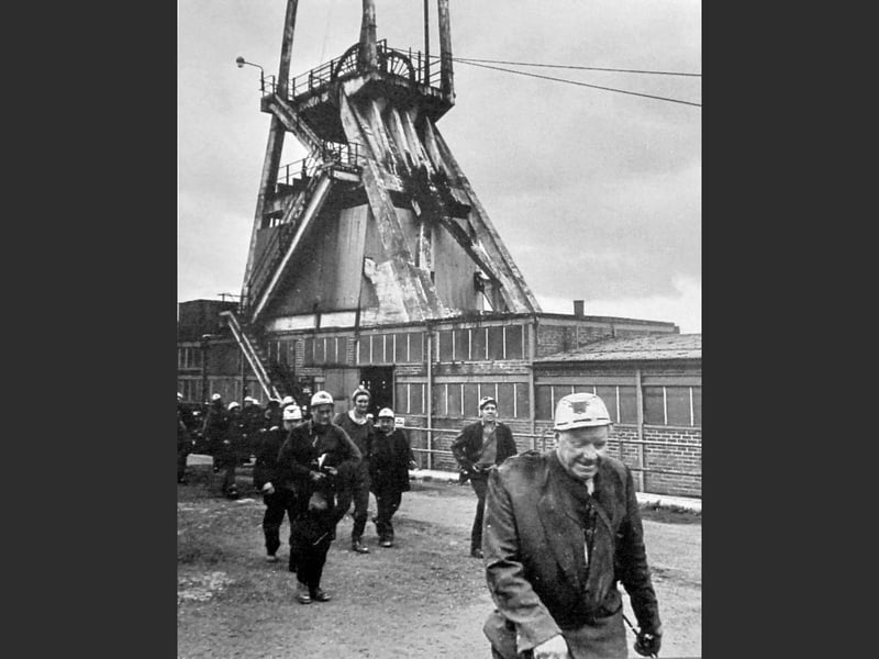 Miners leaving Alveley Colliery, likely around the time of its closure in January 1969. Although the colliery was located at Alveley, it was commonly referred to at the time as Highley Colliery due to its links with a former site on the Highley side.