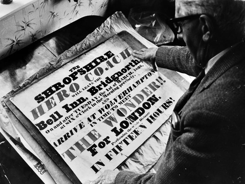 Bridgnorth, April 1969, the picture shows Mr Ernest Pee of Ludlow Road holding an old coaching poster entrusted to him by Mrs A Oliver of Danesford. The poster advertises a new link coach service to London along Watling Street in 1836. Mrs Oliver’s husband was a licensee at the Bell Inn, where the historic coaches—including the Hero and The Wonder—once stopped.
