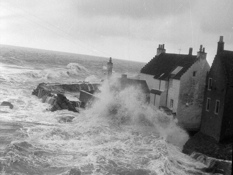 Giant waves batter the wall at the entrance to Pittenweem Harbour in May 1958.