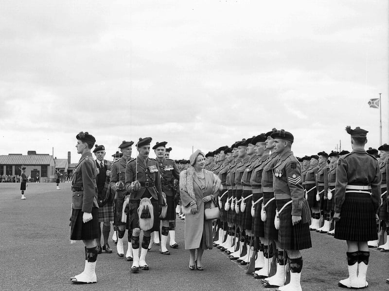 The Queen Mother inspects Black Watch soldiers at Crail in September 1954.