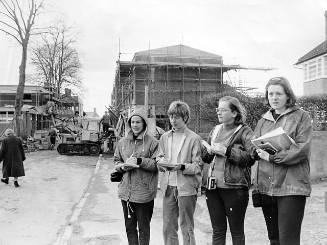 A picture from Madeley, taken in April 1969, shows the town centre during its redevelopment as part of the emerging Telford New Town. The image features young visitors from St Mary’s College, Bangor, on a four-day visit to the area. Pictured from left are Susan Clayton, Jane Phillips, Pamela Goddard and Pat Roberts as they look around the new Madeley centre.