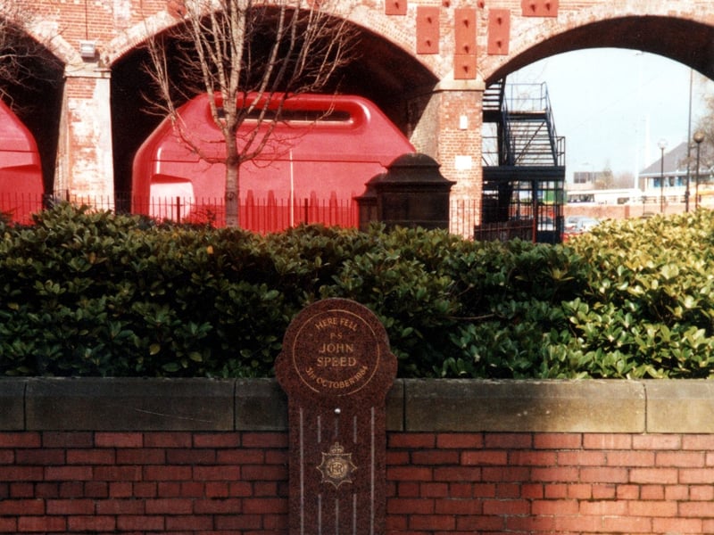 A memorial to P. S. John Speed on Kirkgate pictured in March 2002. He was killed on October 31, 1984, during the course of his duty near the Parish church.