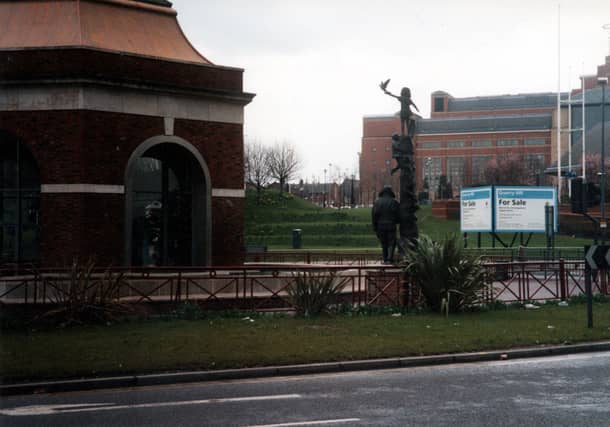 Eastgate fountain taken from Eastgate towards Quarry Hill House pictured in March 2002. Visible in the centre is the rear of a statue unveiled in March 2001 of Arthur Louis Aaron.