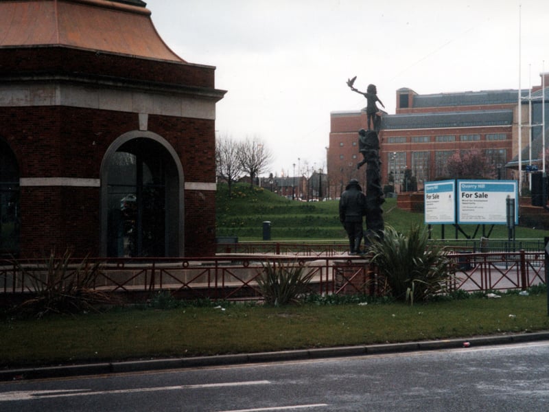 Eastgate fountain taken from Eastgate towards Quarry Hill House pictured in March 2002. Visible in the centre is the rear of a statue unveiled in March 2001 of Arthur Louis Aaron.