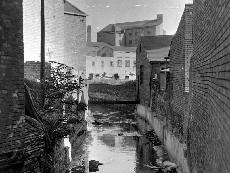 Hol Beck from which the Holbeck district of Leeds derives its name, pictured from a bridge in Domestic Street in 1969.